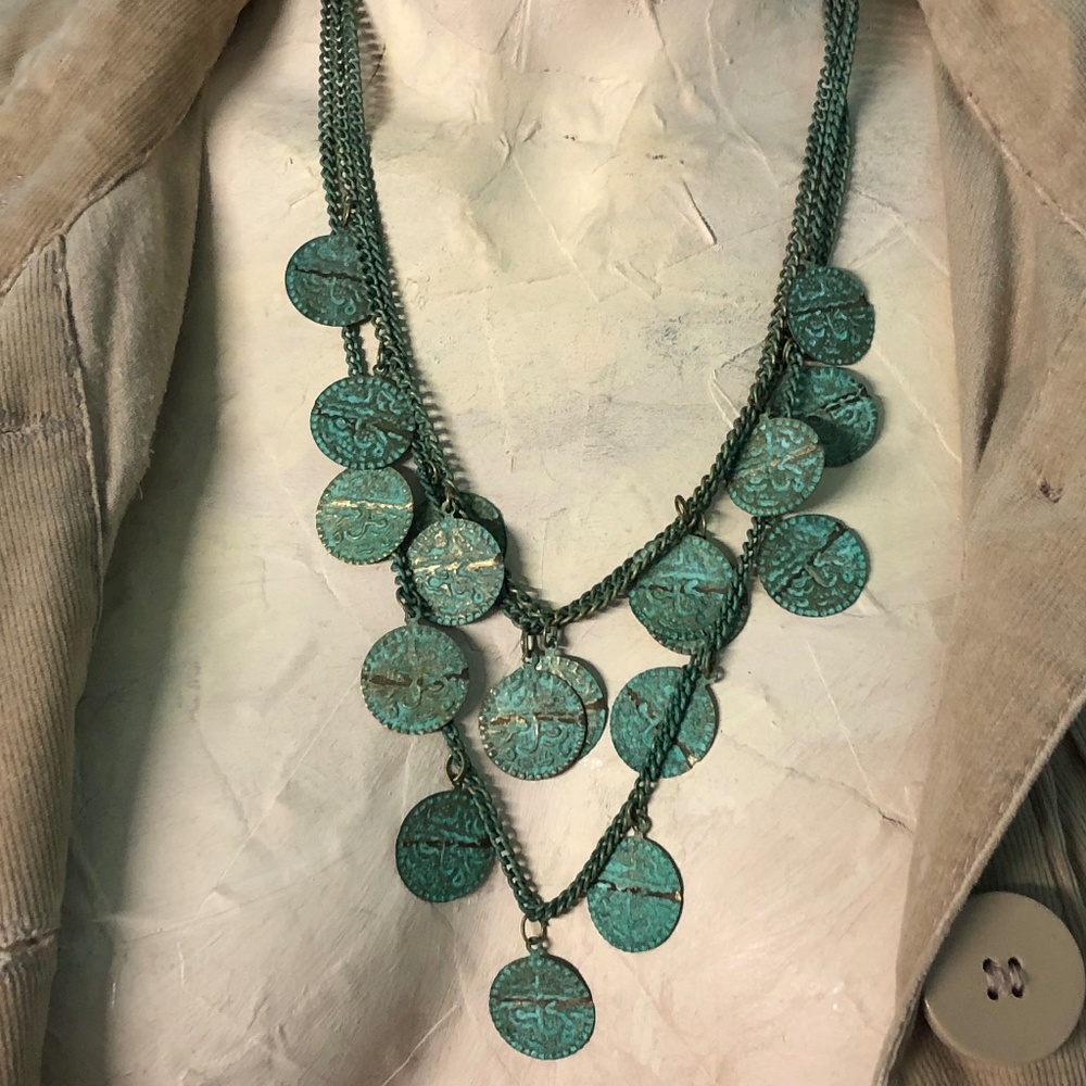 3/$40 Y2K Green Tarnish Antique Look Layered Coins Necklace~Rustic Chains Charms